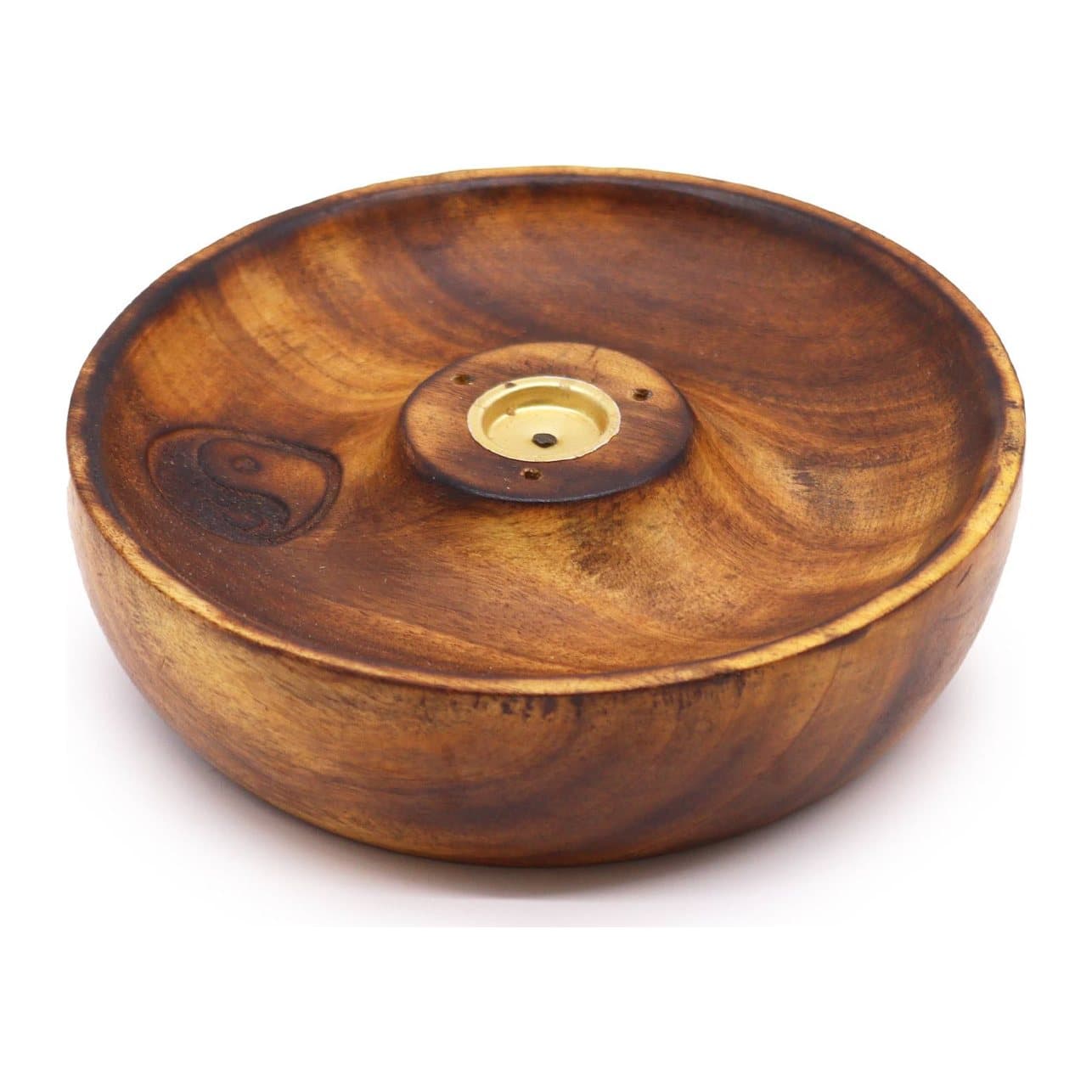 Yin and yang incense stick and cone burner disc in mango wood