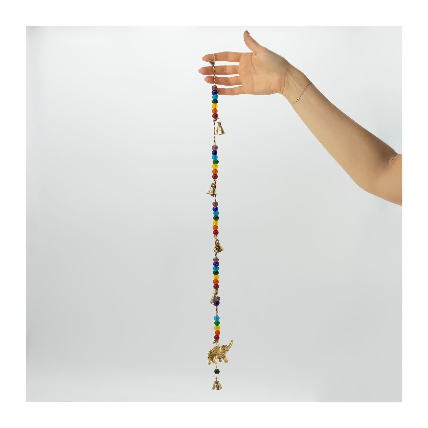 Brass elephant Indian chimes with chakra beads and string bells