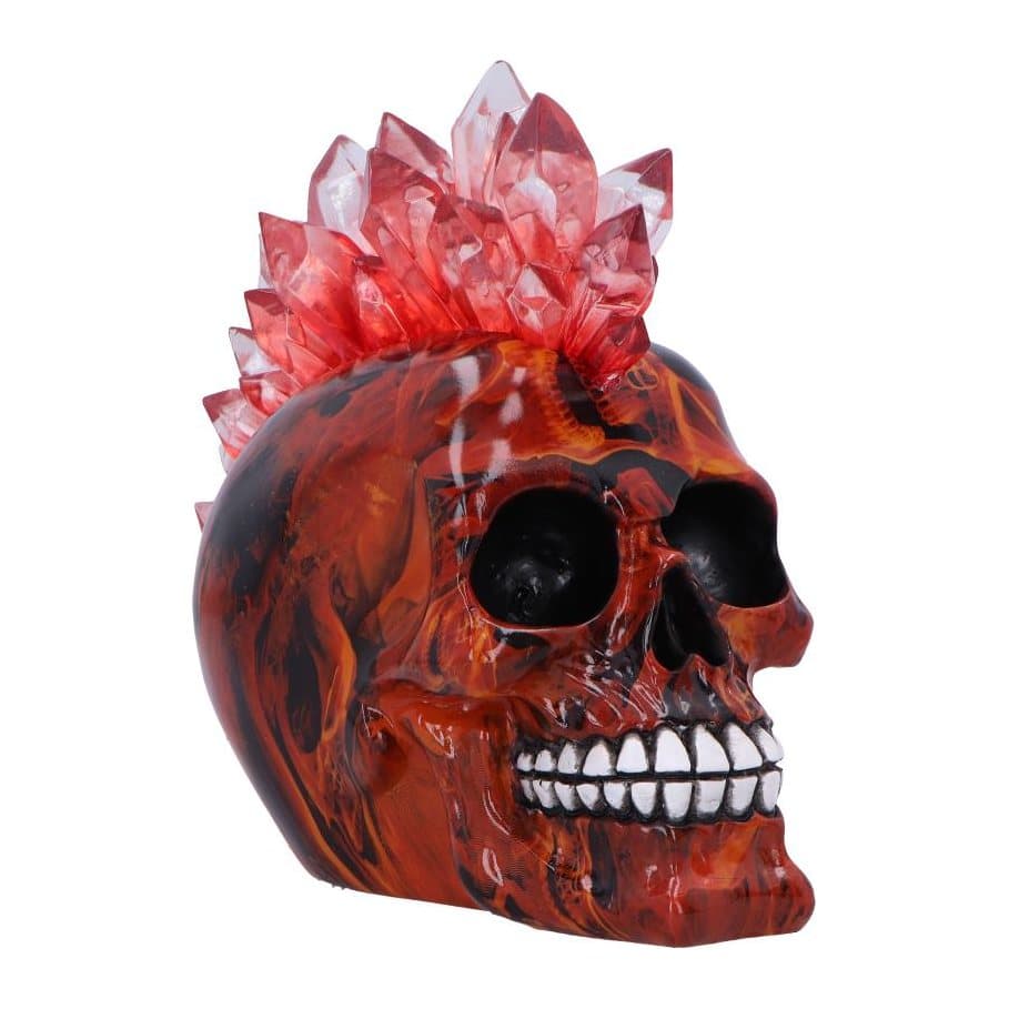 Light up crystal skull ornament with a glowing red mohawk and flame effect