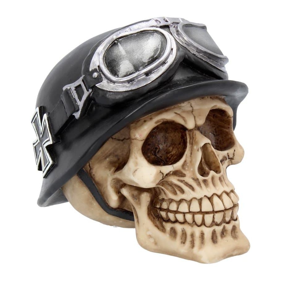Resin skull in black motorcycle helmet with Iron Cross and goggles