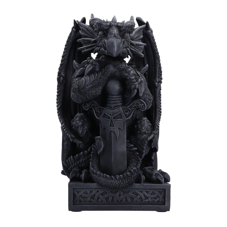 Grey resin dragon figurine resting its forearms on a sword