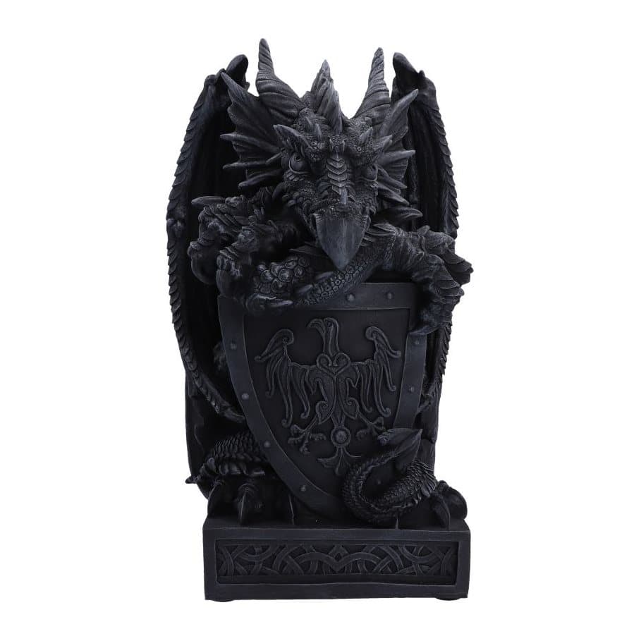 Grey resin dragon figurine resting its forearms on a shield, with outstretched wings