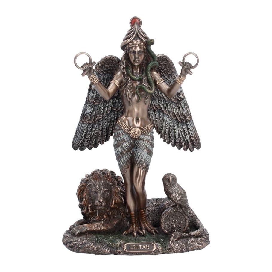 Ishtar figurine with a lion and an owl at her base, bronze-like finish