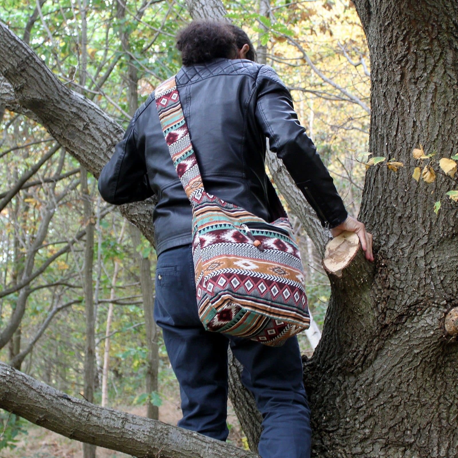 Chocolate jacquard student bag in ethnic jacquard fabric