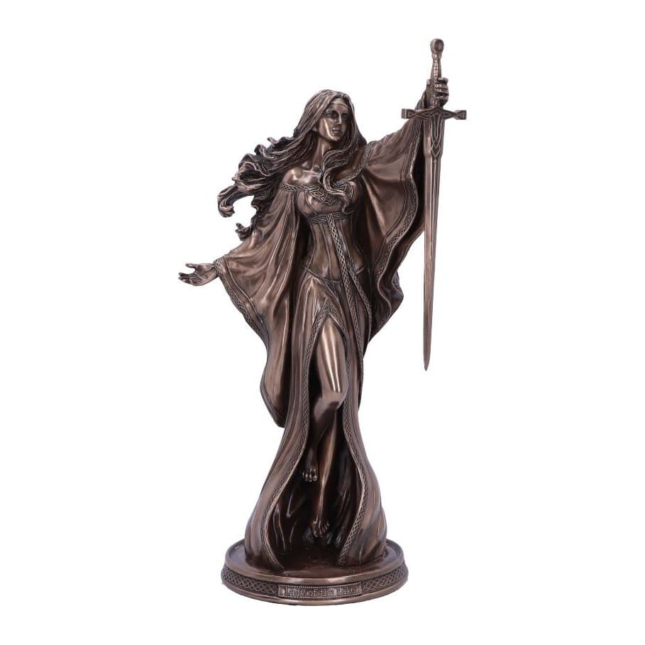 Lady of the Lake figurine rising from water holding a sword above a Celtic knot base
