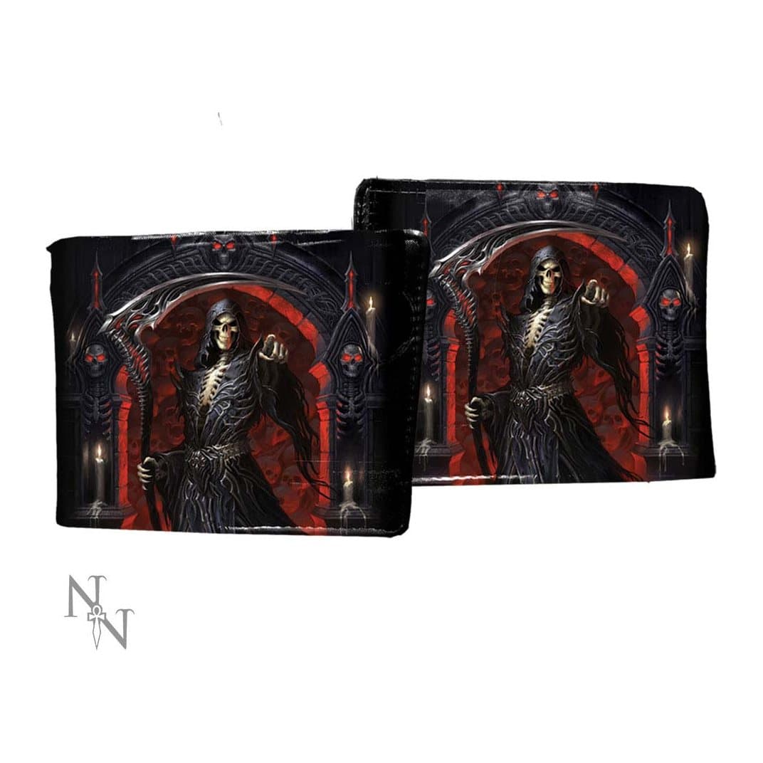 Gothic wallet showing a skeleton grim reaper with scythe before a red crypt