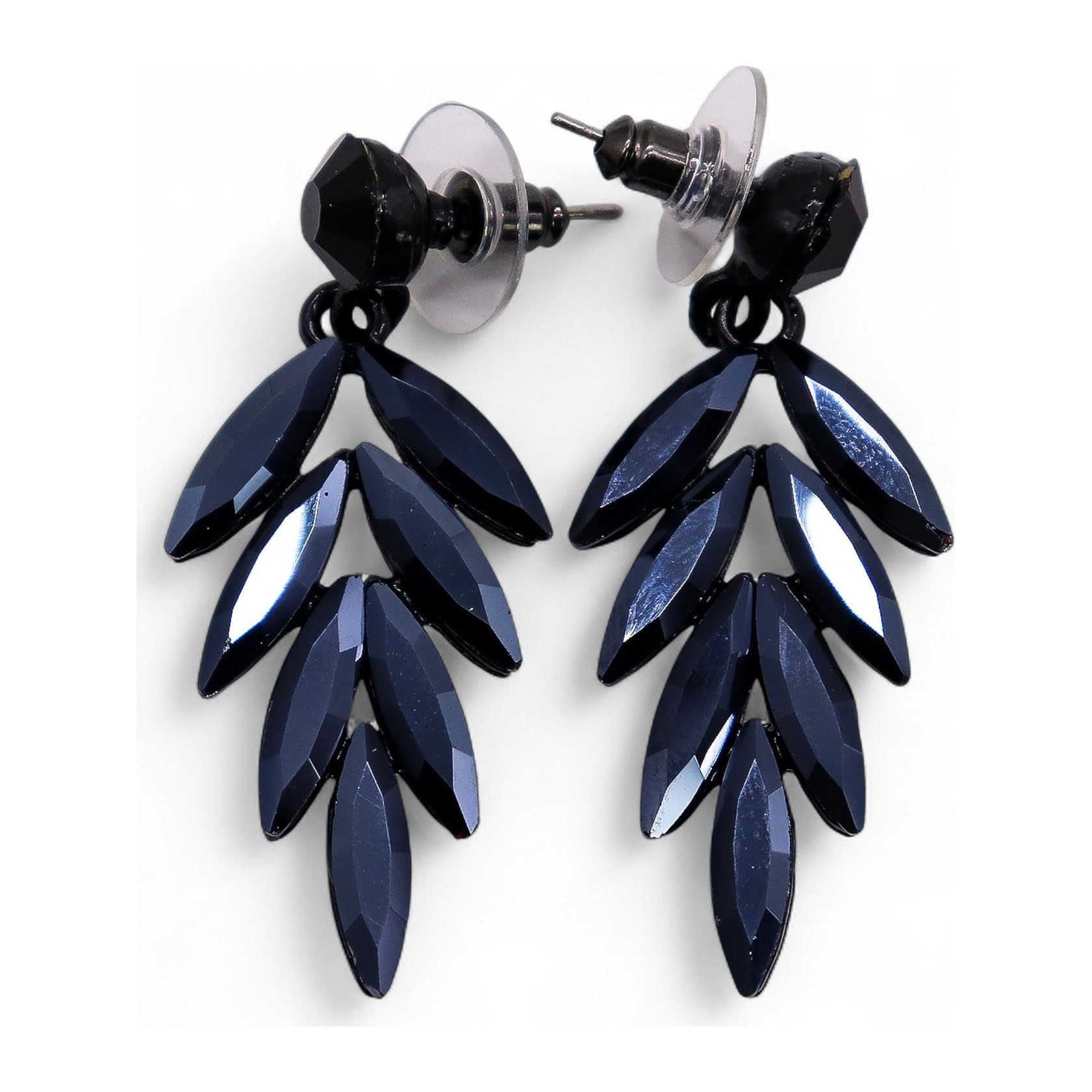 Jet black long drop earrings in glass and stainless steel