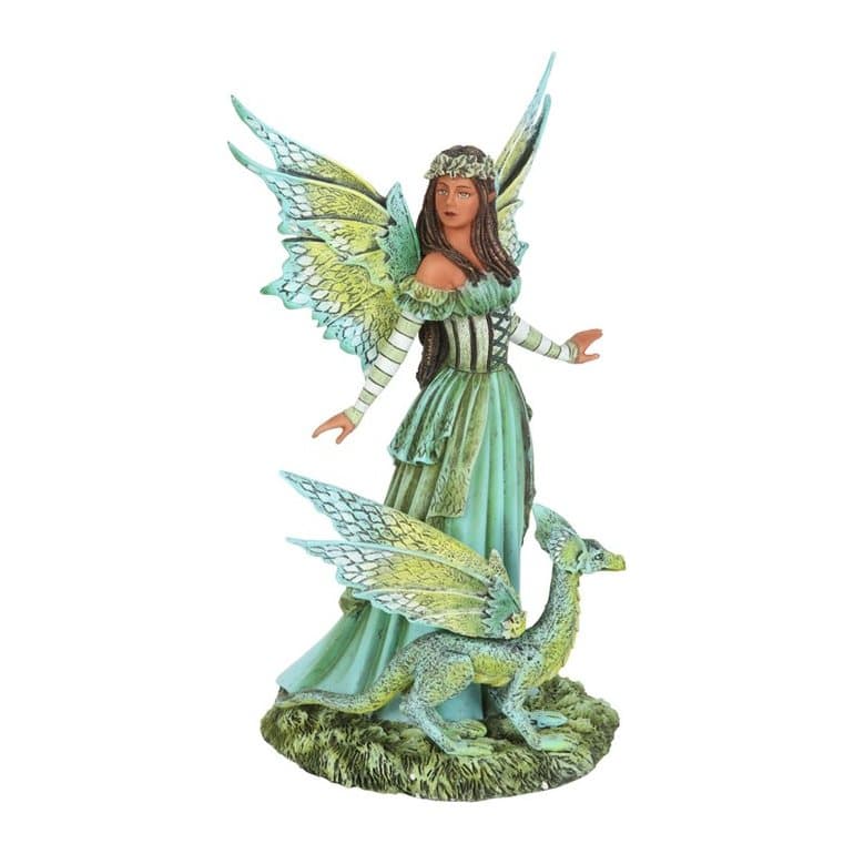 Green fairy with her dragon companion, a painted cold cast resin figurine
