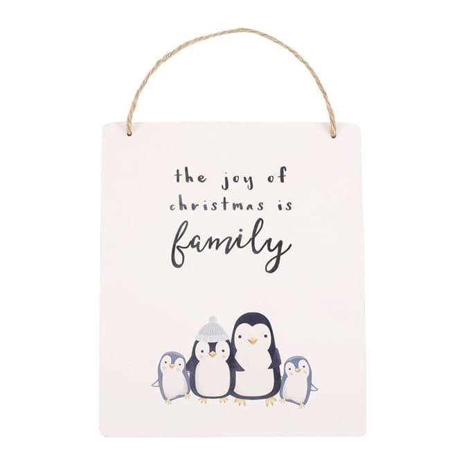 MDF Christmas hanging sign with a family of chubby penguins