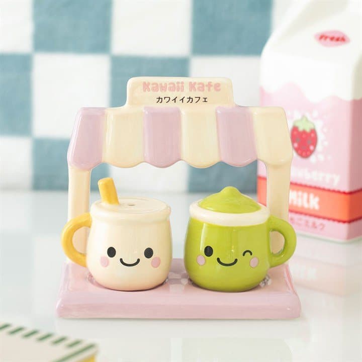 Kawaii matcha and latte mug shakers under a cafe stand