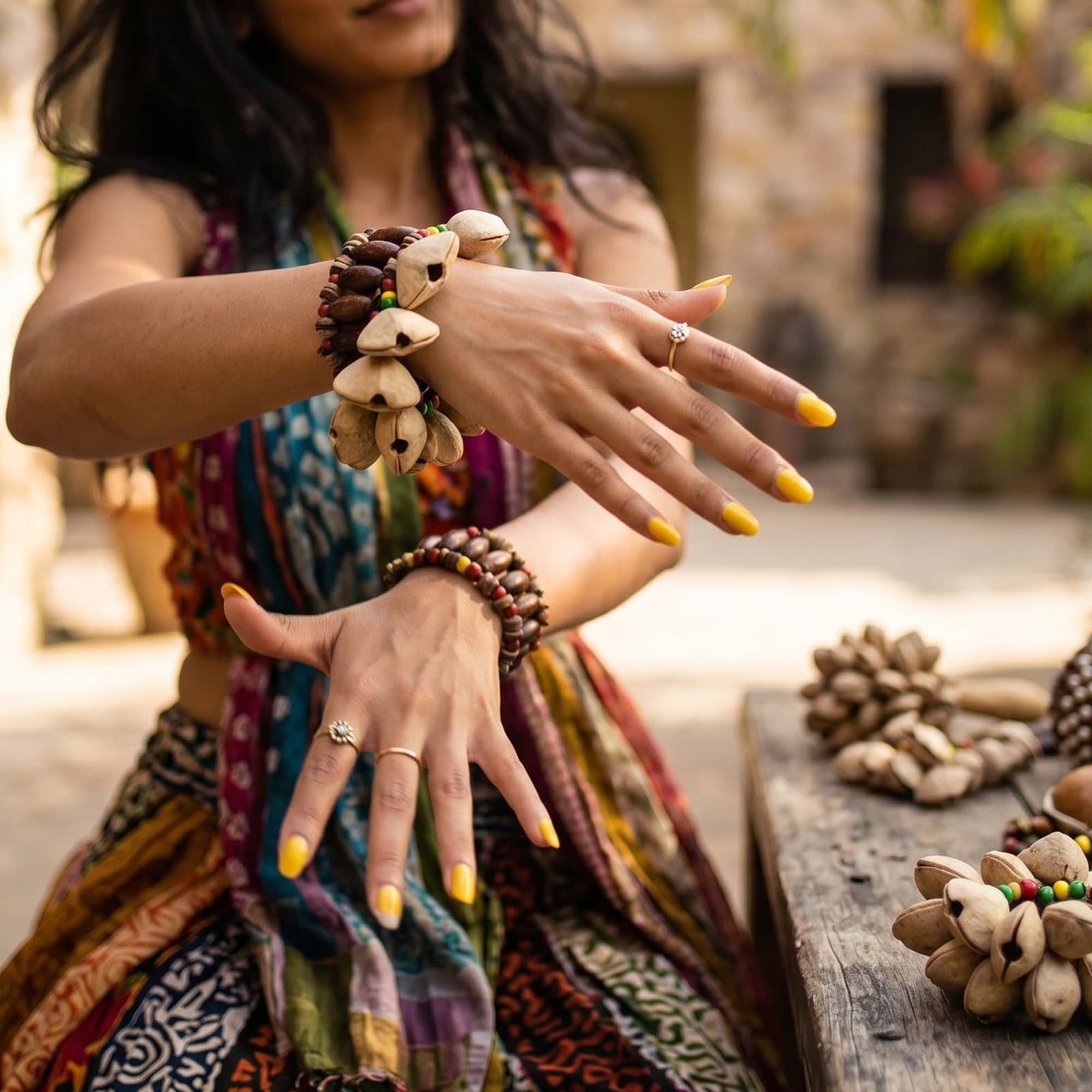 Kenari shell rattle bracelet with wooden beads and colour accents