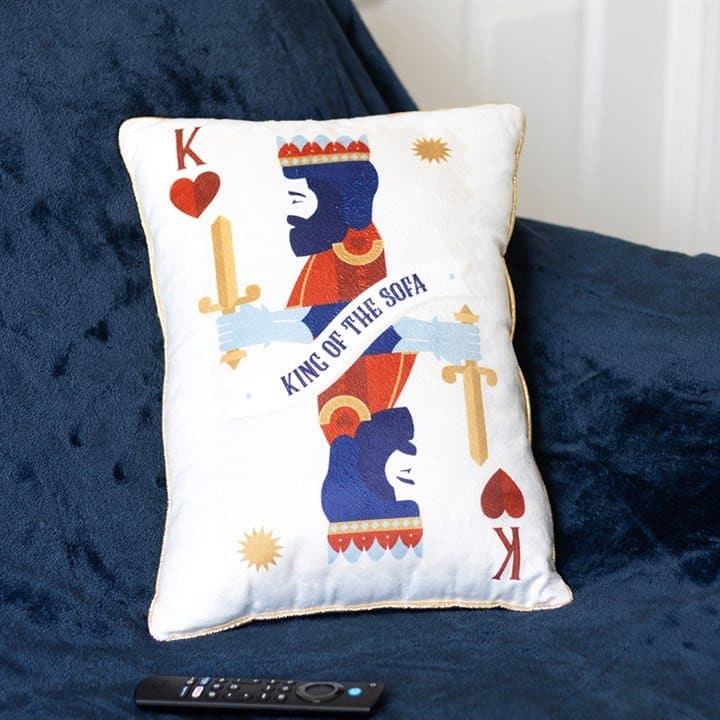 King of the Sofa cushion with a red, blue and gold playing card design