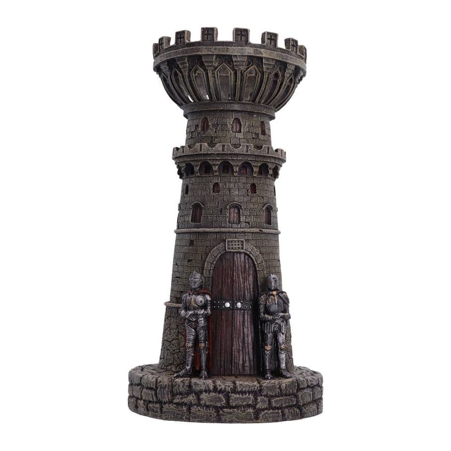 Medieval castle spire candle holder with two knights at the entrance