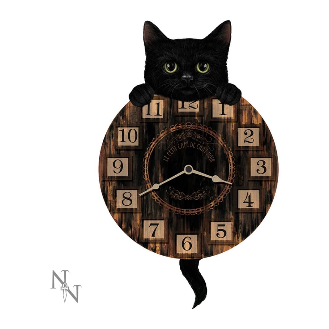 Wall clock with a black kitten, green eyes and a swinging tail pendulum