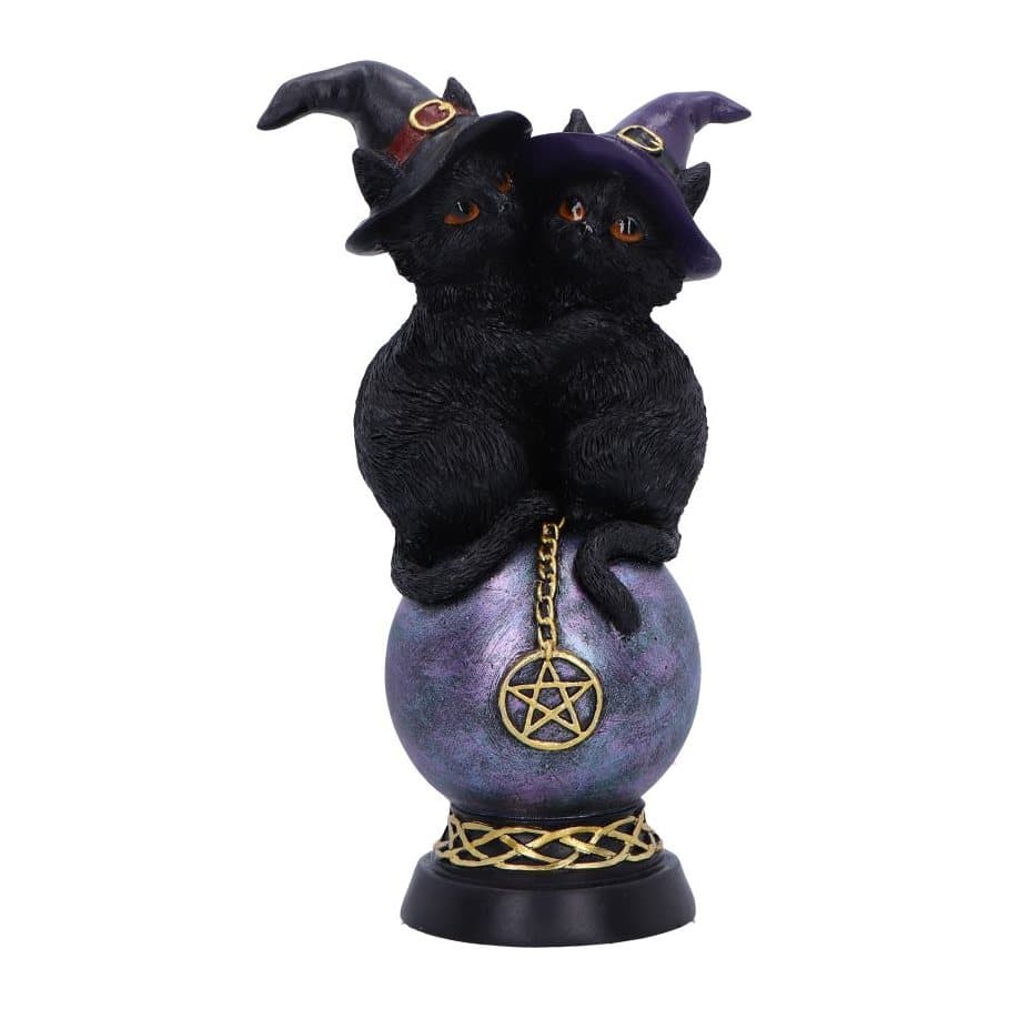 Resin ornament of two cats in witches' hats on a crystal ball