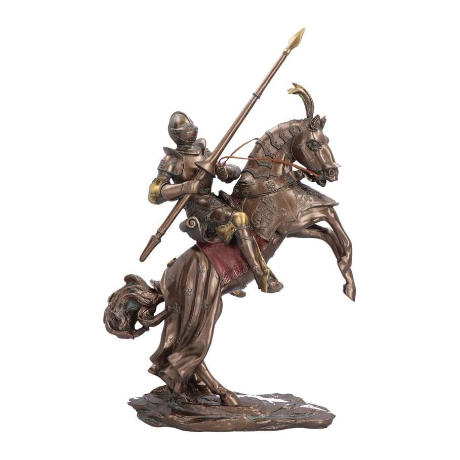 Gold and bronze knight on a rearing horse figurine with red accents