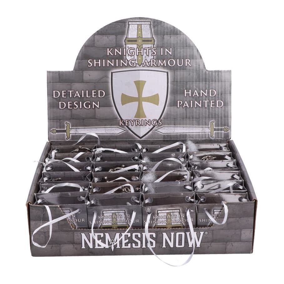 Assorted silver-coloured knight keyrings, including mounted knights and helmeted warriors