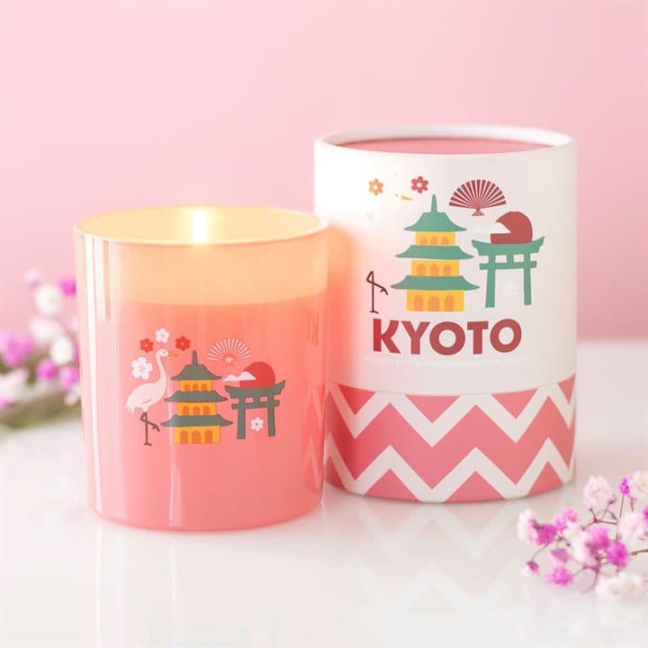 Kyoto bamboo and cherry blossom scented candle with its colour cardboard box