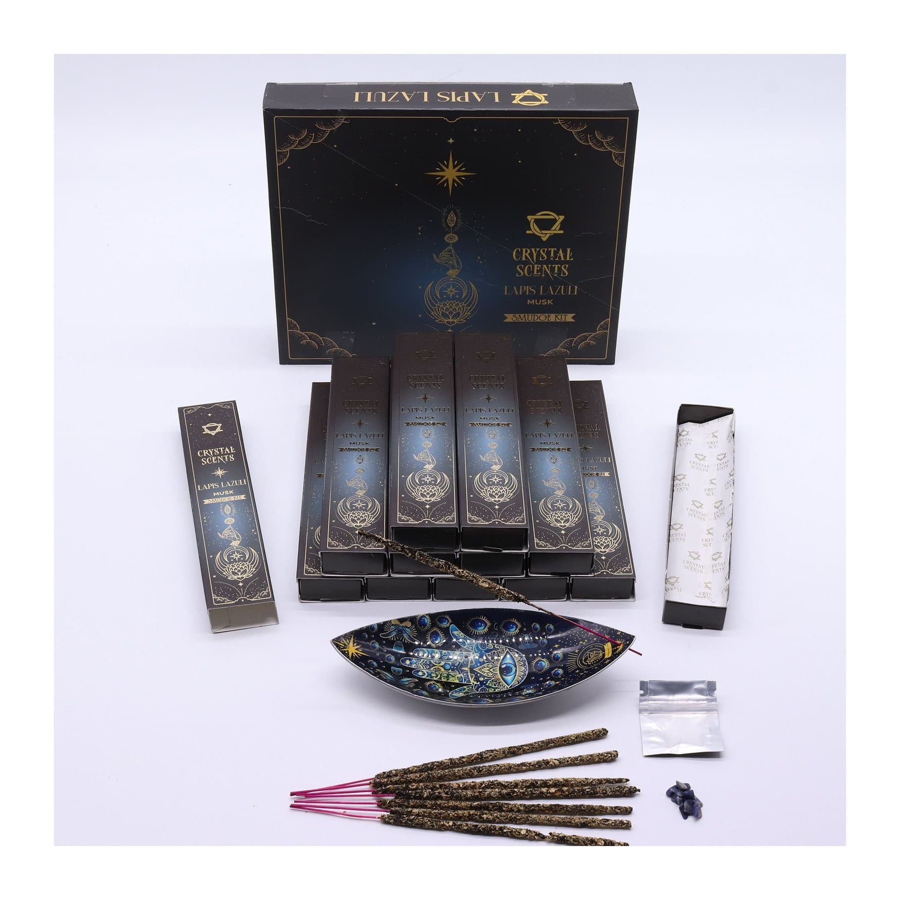 Musk smudge incense sticks with a small bag of real lapis lazuli chips