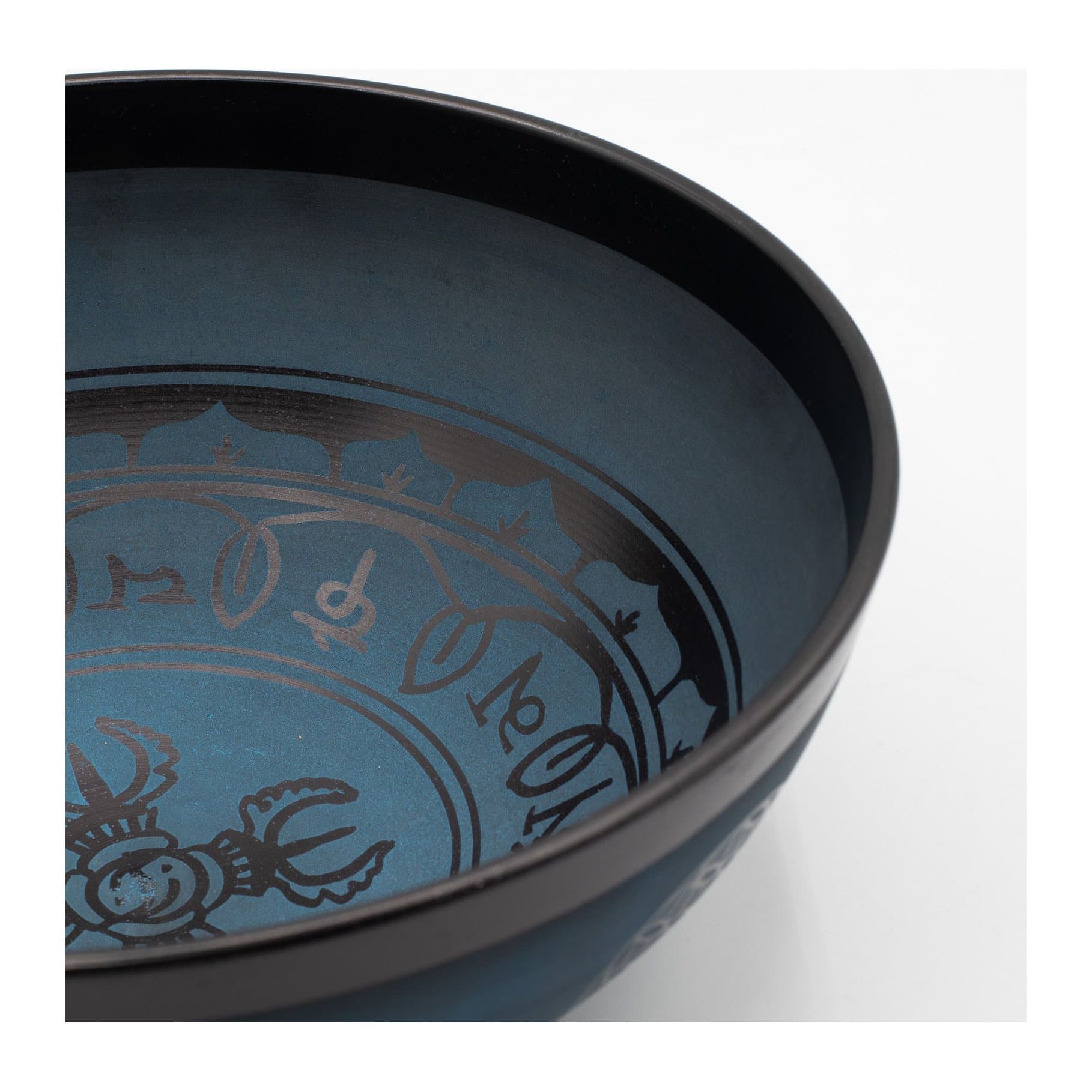 Large blue aluminium singing bowl with a black Double Dorjy design