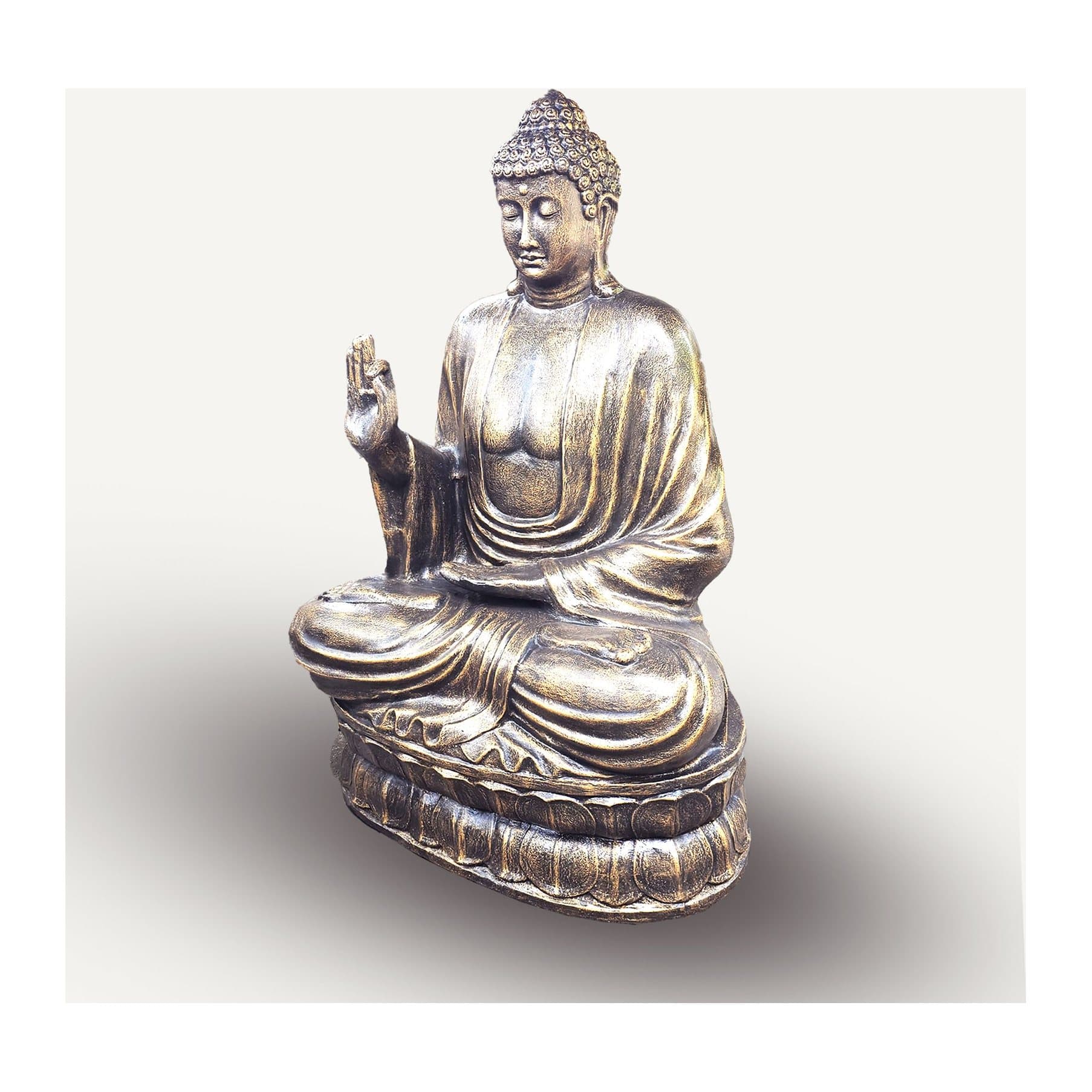 Large antique gold Buddha statue teaching on a lotus