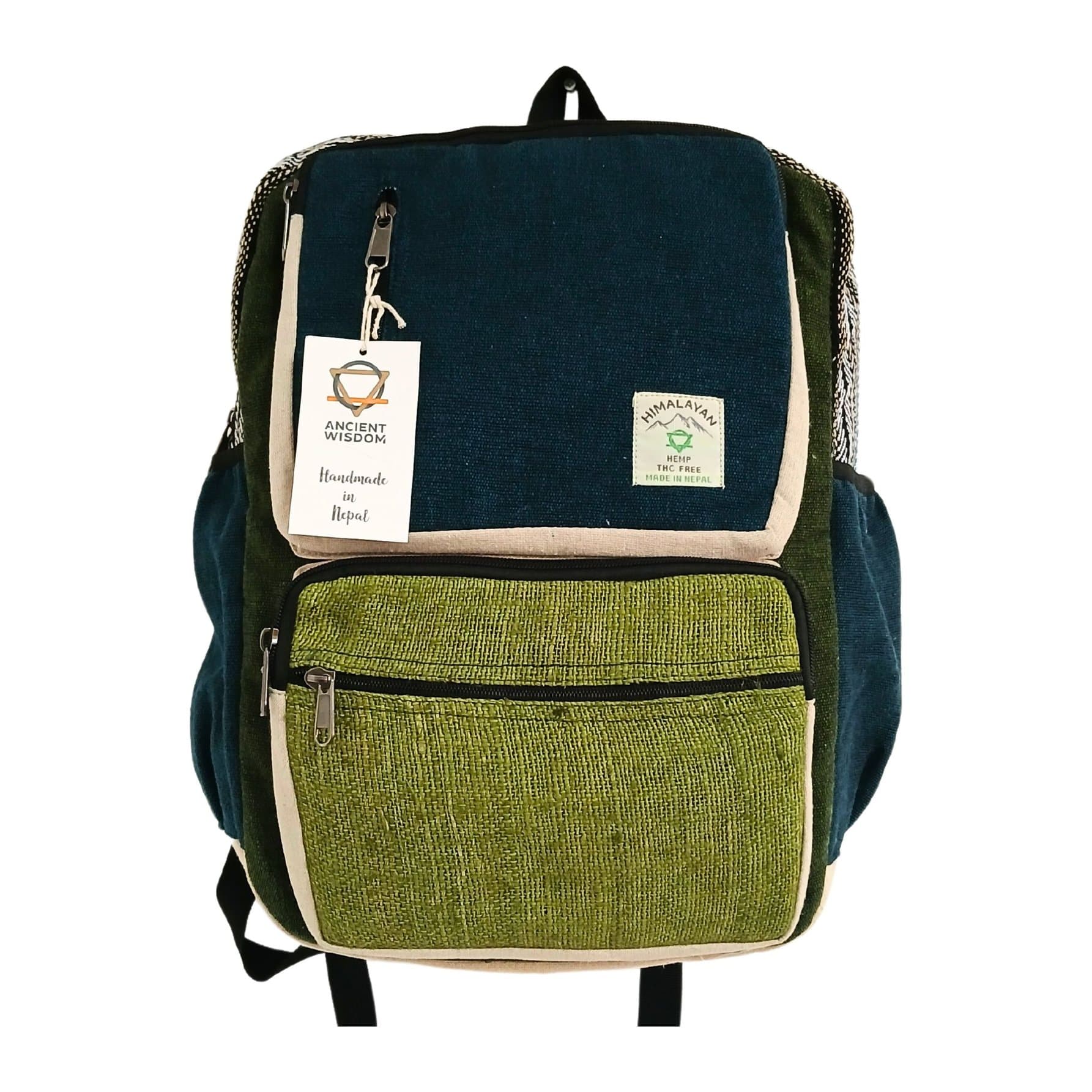 Large boxy hemp backpack in teal and sage