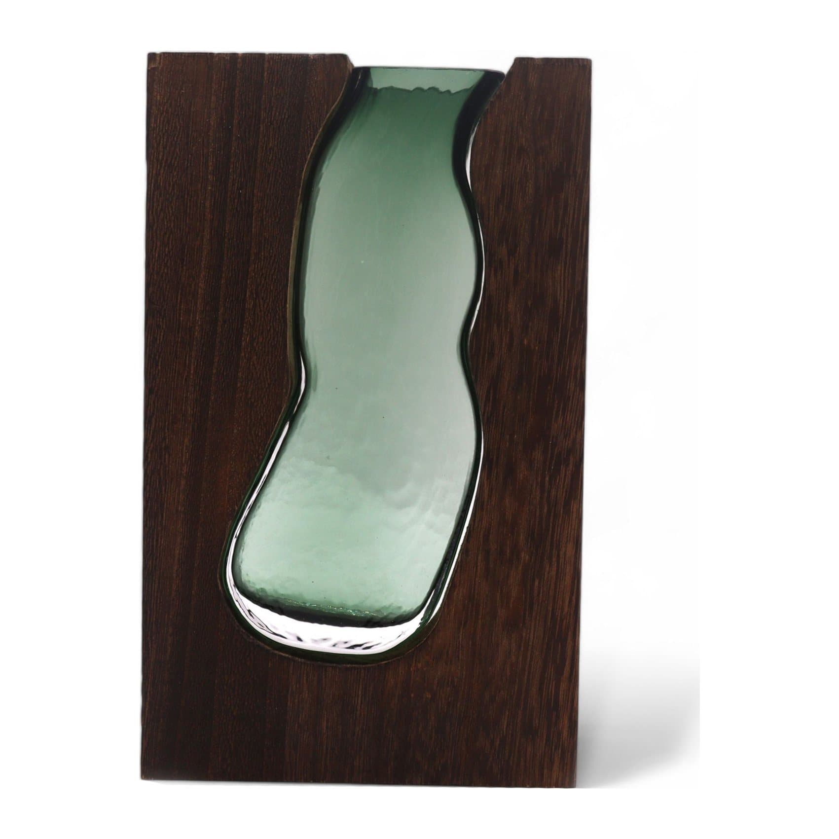Large cylindrical glass vase terrarium in a dark tung wood frame