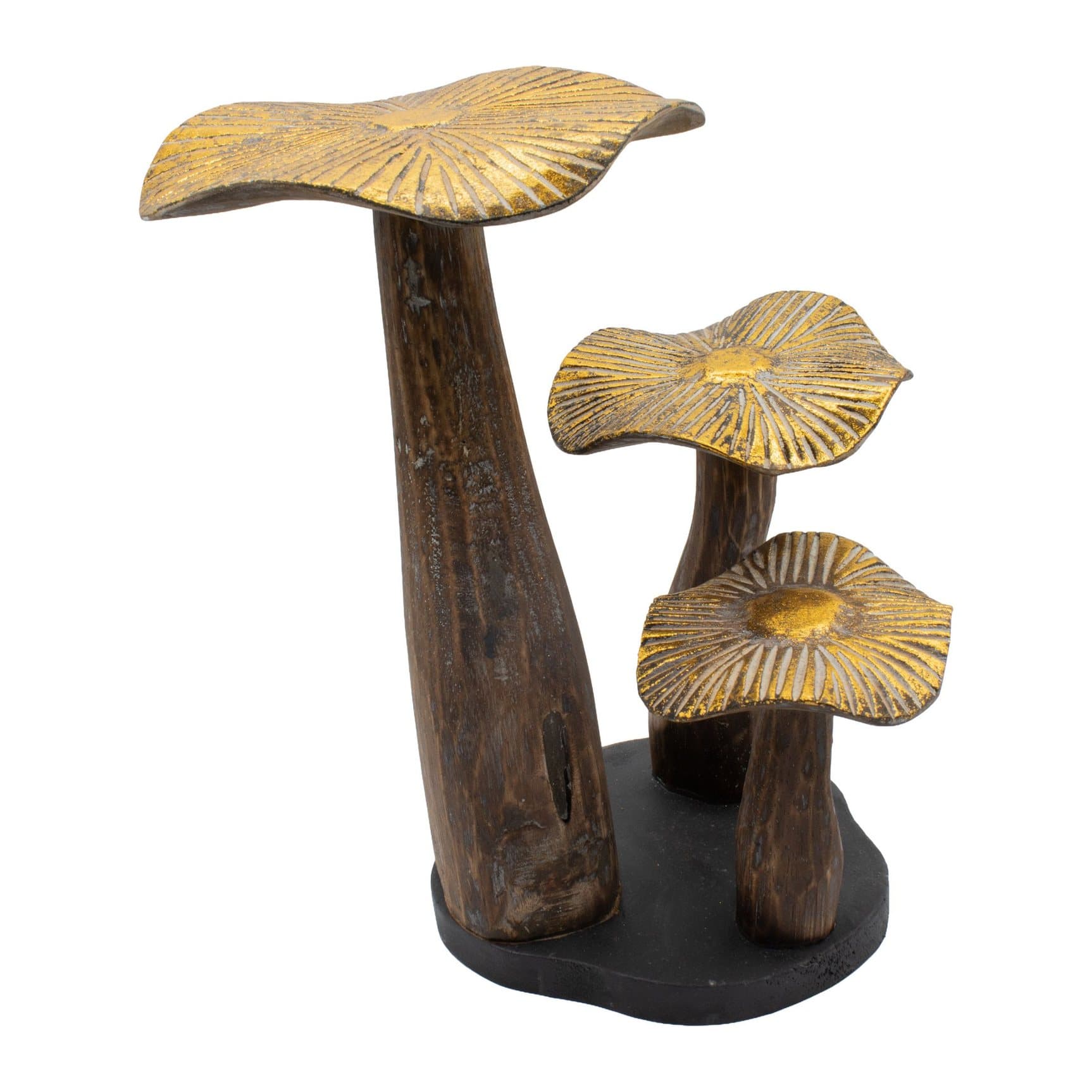 Large wooden mushroom sculpture with golden caps and curved stems