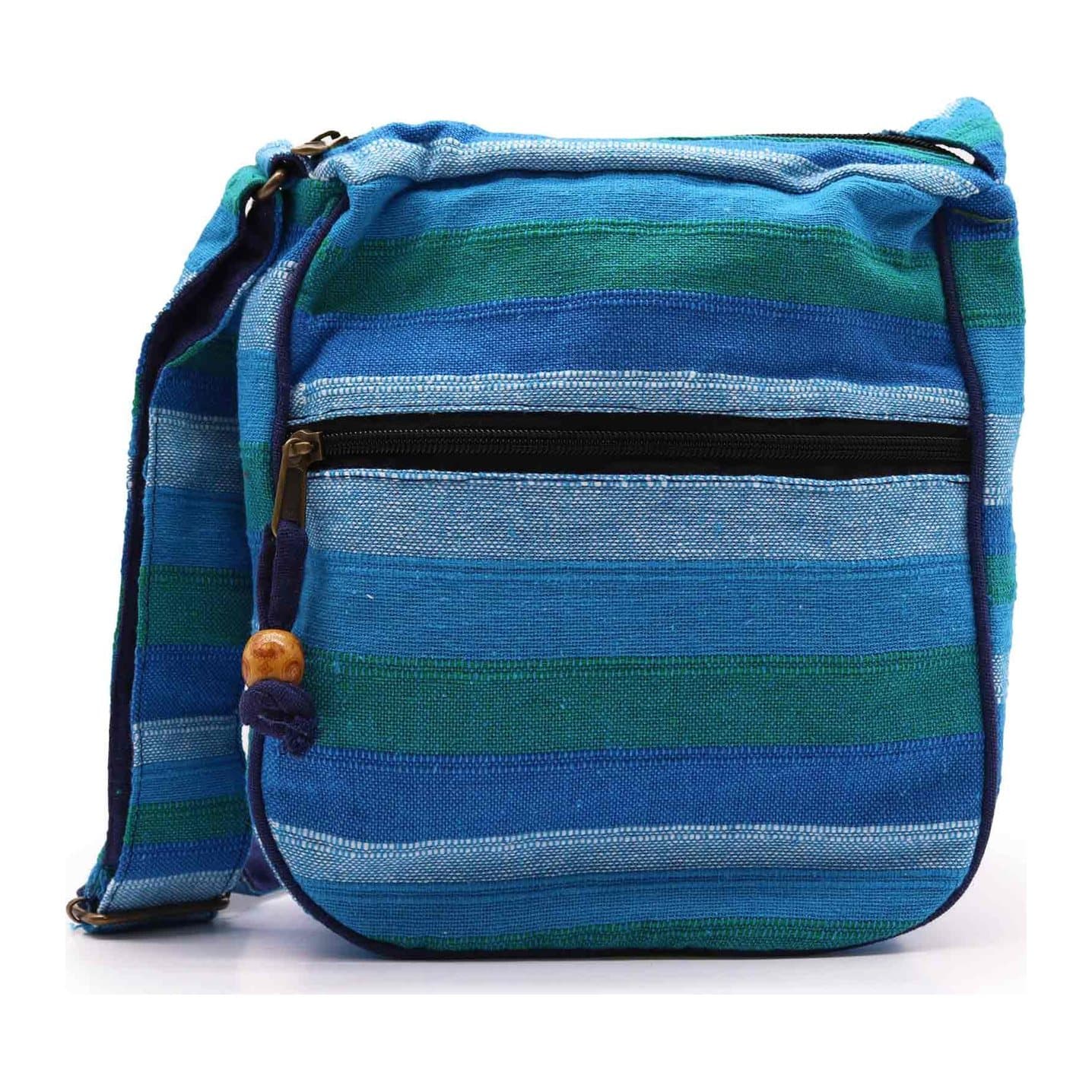 Large blue cotton Nepal sling bag with an adjustable strap