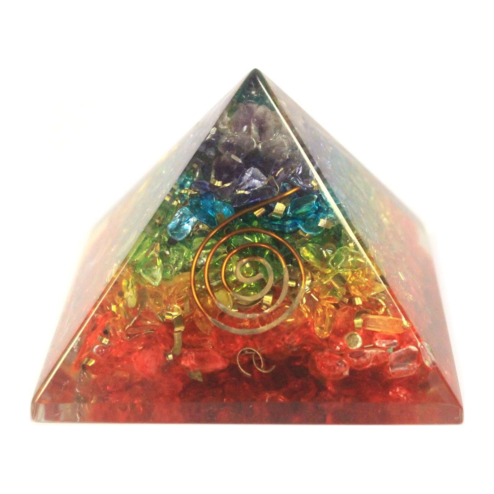 Large orgonite pyramid with chakra gemstone chips set in resin