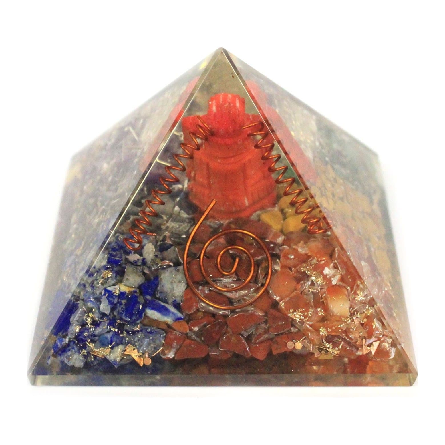 Large orgonite pyramid in the Ganesh design, with gemstone chips and copper in resin