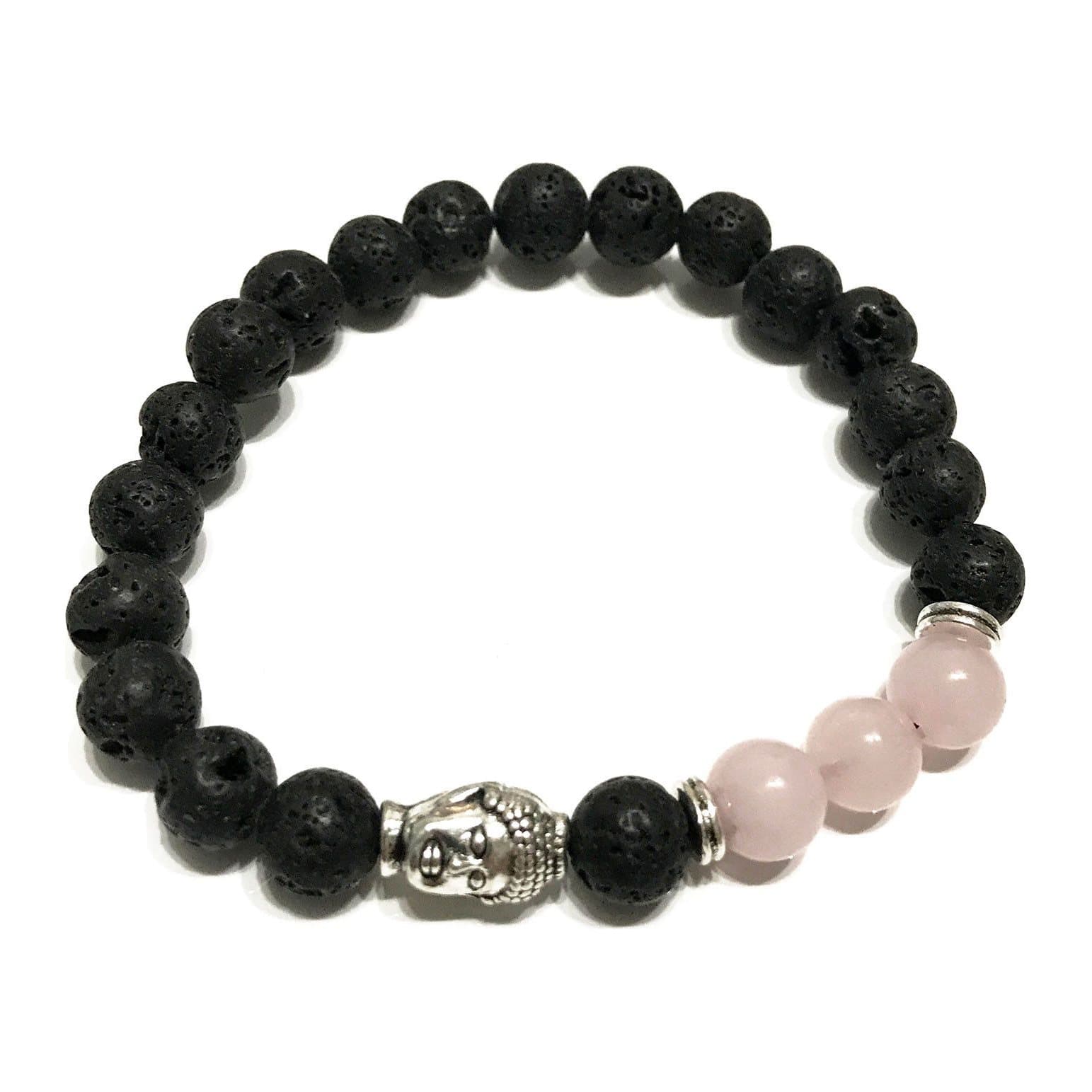 Lava stone bracelet with Buddha rose quartz design and dark porous beads