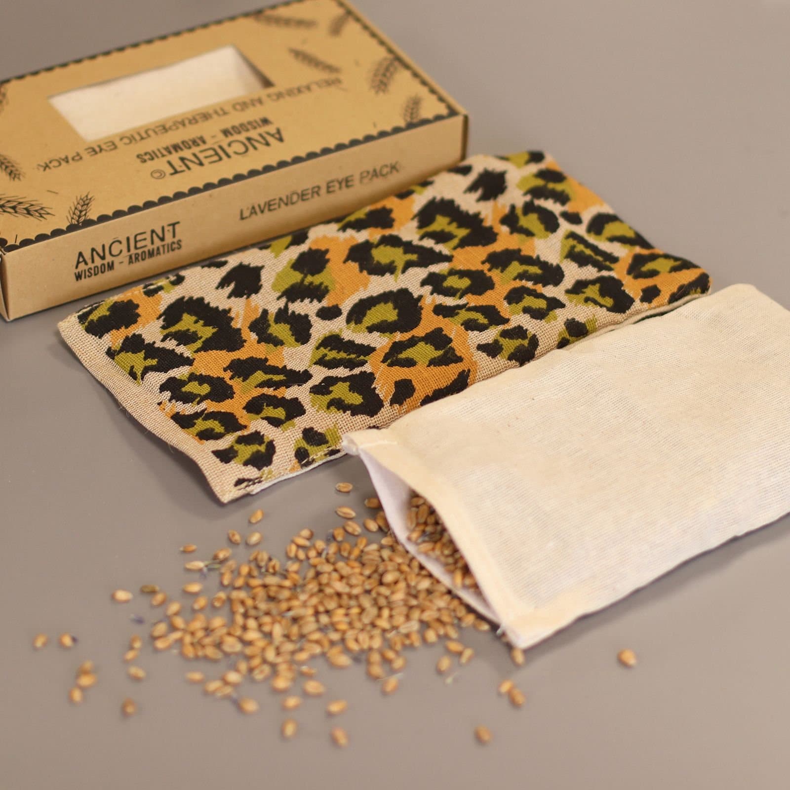 Lavender eye pillow in a cotton sleeve with the Night Leopard pattern