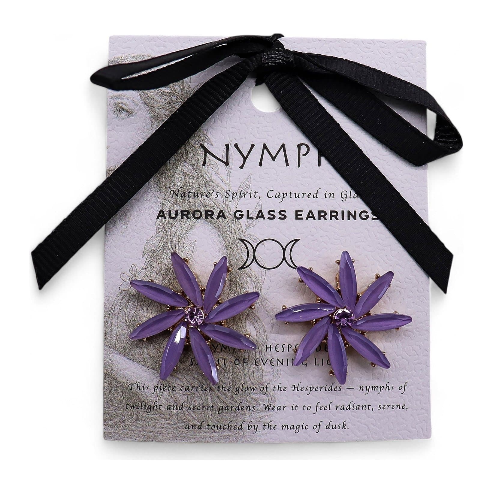 Lavender glass flower earrings with polished stainless steel frames