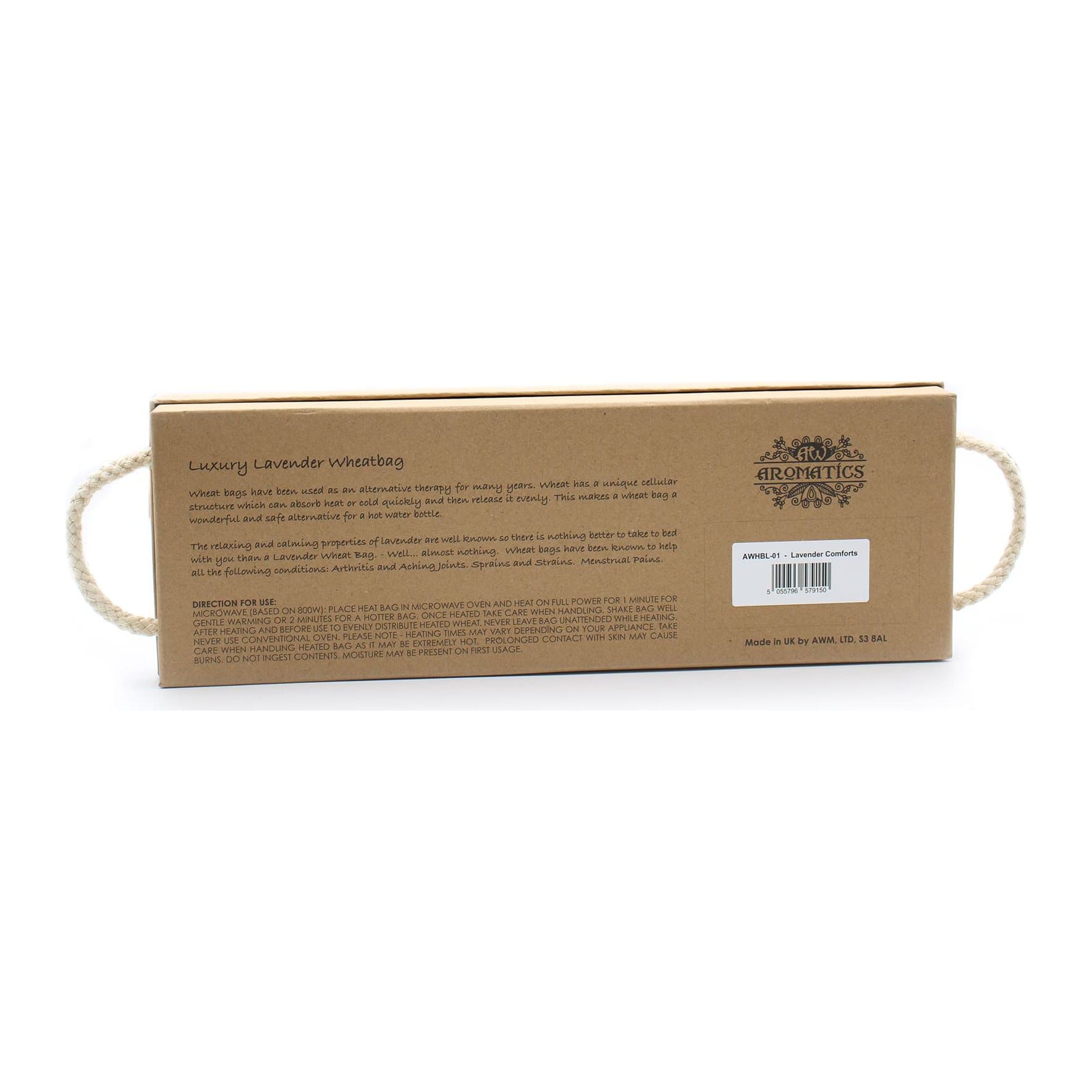 Lavender Comforts wheat bag beside its cardboard gift box
