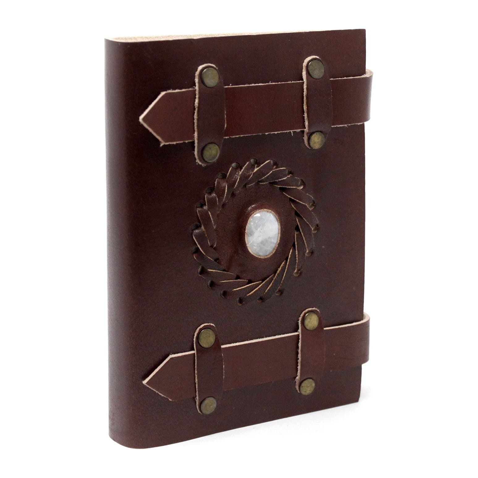 Leather moonstone notebook with buckles, metal clasps and belts