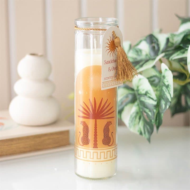 Glass tube candle with an abstract leopard design
