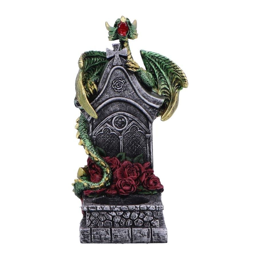 Green dragon with golden highlights coiled around a stone tombstone tealight holder