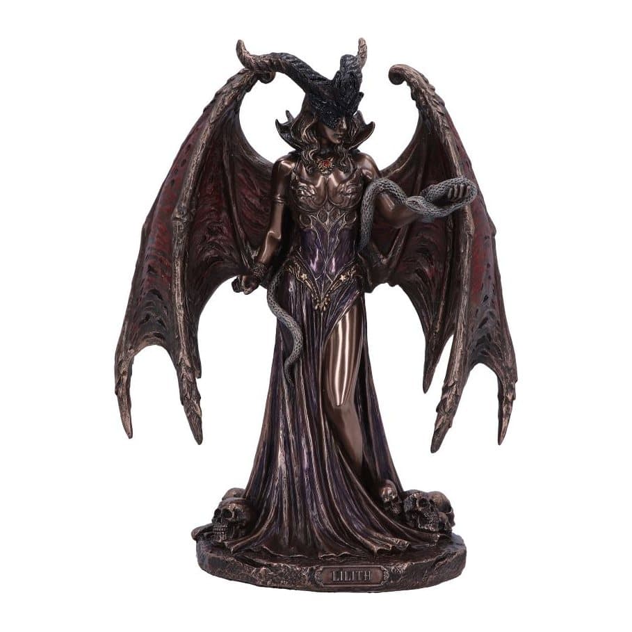 Bronze finish Lilith figurine with horned mask, wings and snake in her hand