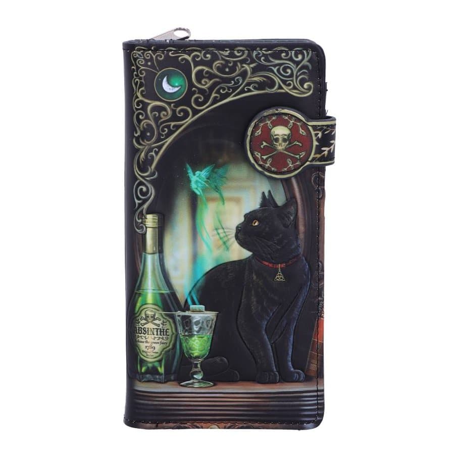 Embossed purse with a black cat beside an absinthe glass on a dressing table