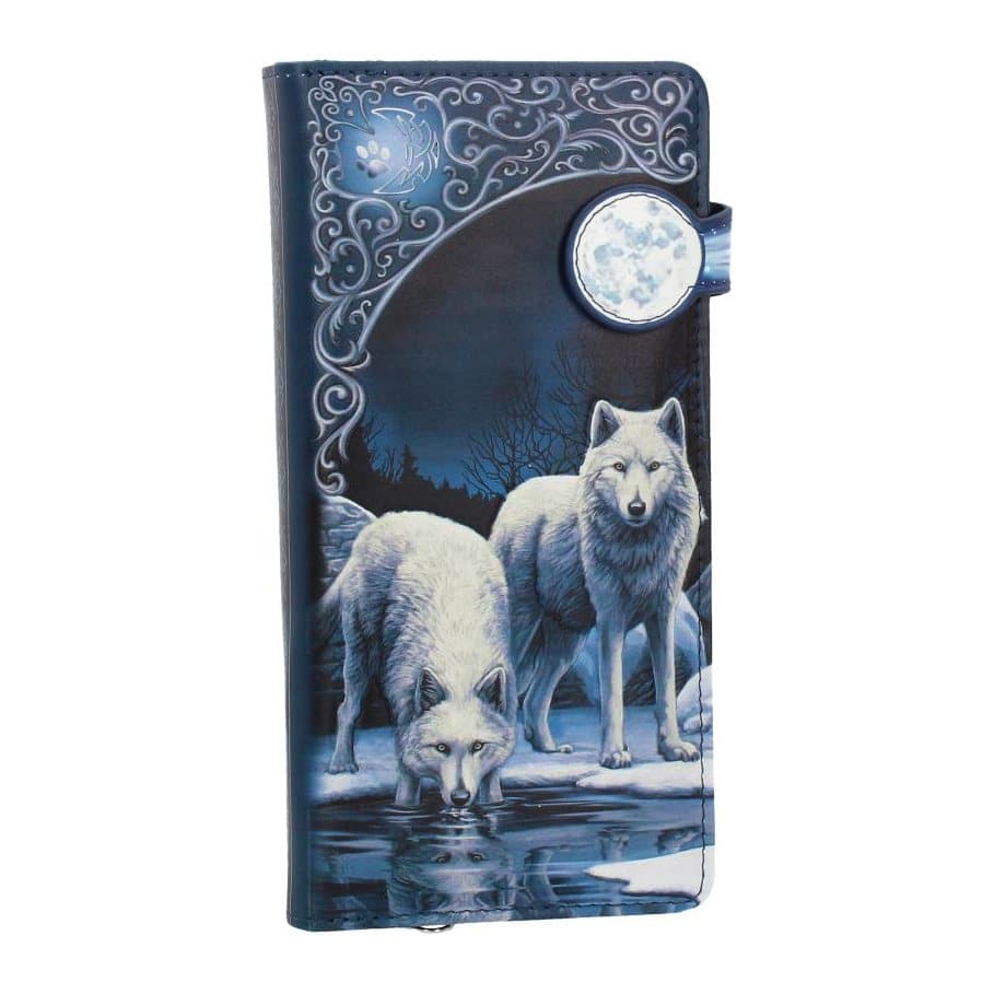 Embossed purse with Lisa Parker artwork of two white wolves in a frozen landscape