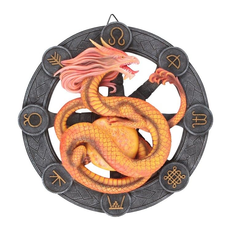 Litha dragon resin wall plaque with golden sun and sabbat symbols