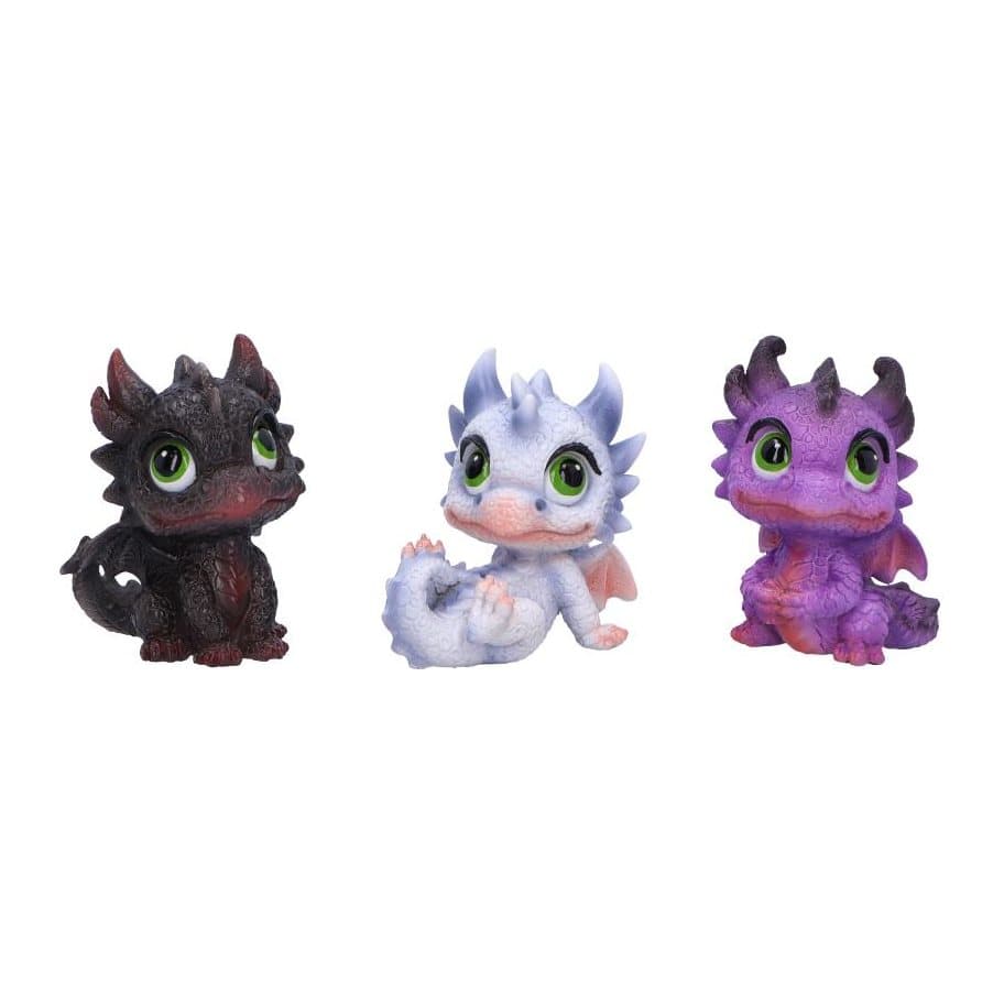 Three baby dragon figurines in black, light blue and purple