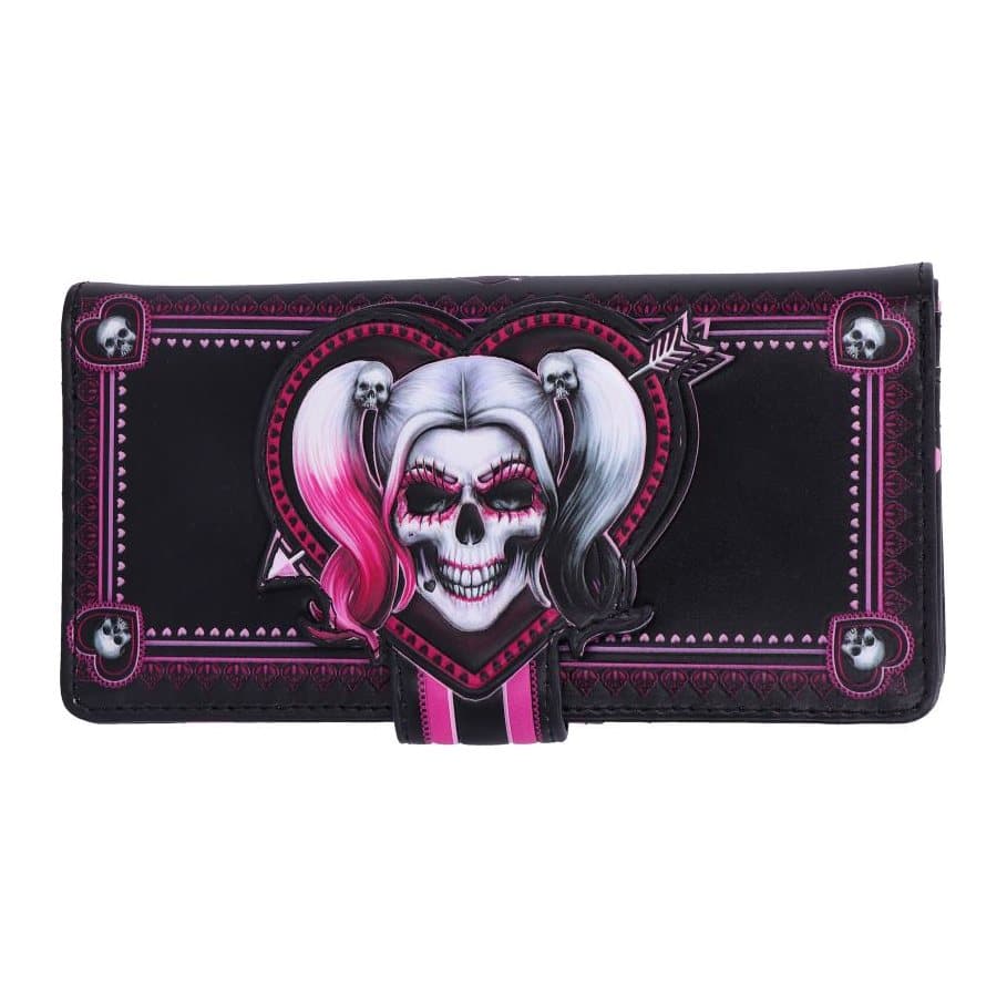 Embossed purse showing Little Monster with pink and black pigtails and skull clips