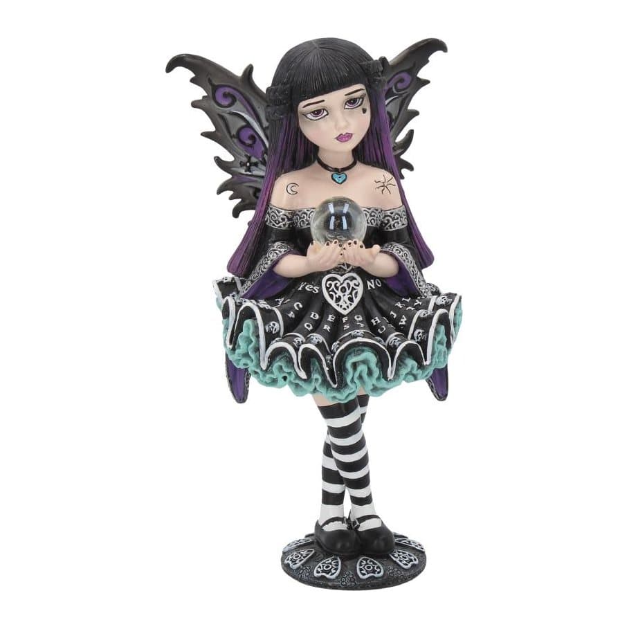 Gothic fairy figurine posed cross-legged with a crystal ball and black and purple wings