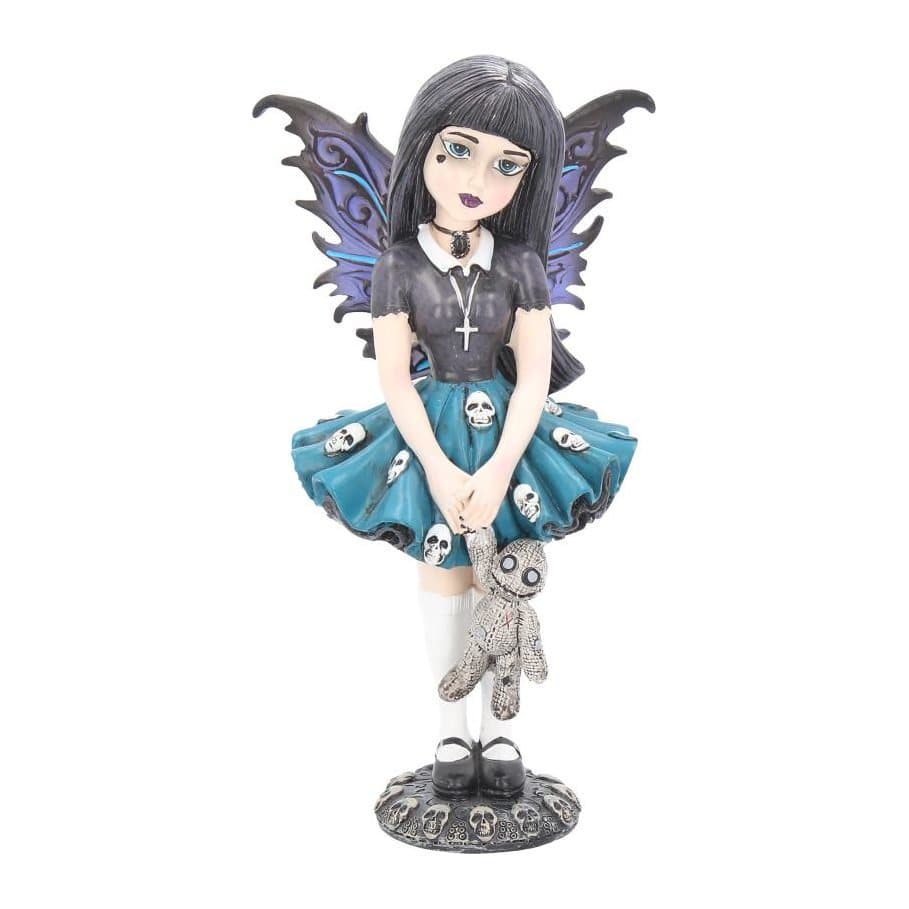 Gothic fairy figurine with purple wings, skull skirt and a voodoo doll