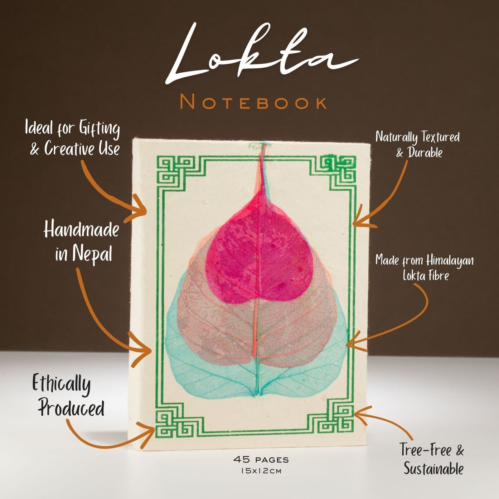 Lokta notebook with a pressed Bodhi leaf design on the front cover