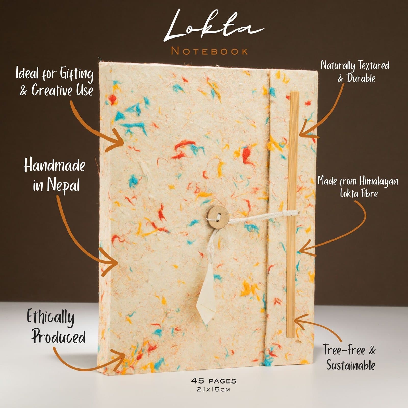 Large Lokta notebook with a speckled earthy cover, fabric tie and matching bookmark