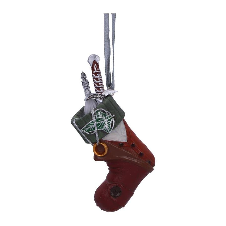Frodo stocking hanging ornament with a green cloak, Leaf of Lorien and One Ring