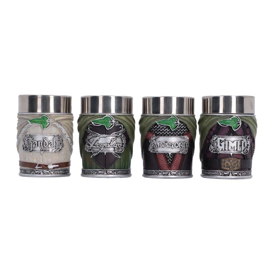 Four Lord of the Rings Fellowship mini cups with Gandalf, Legolas, Aragorn and Gimli